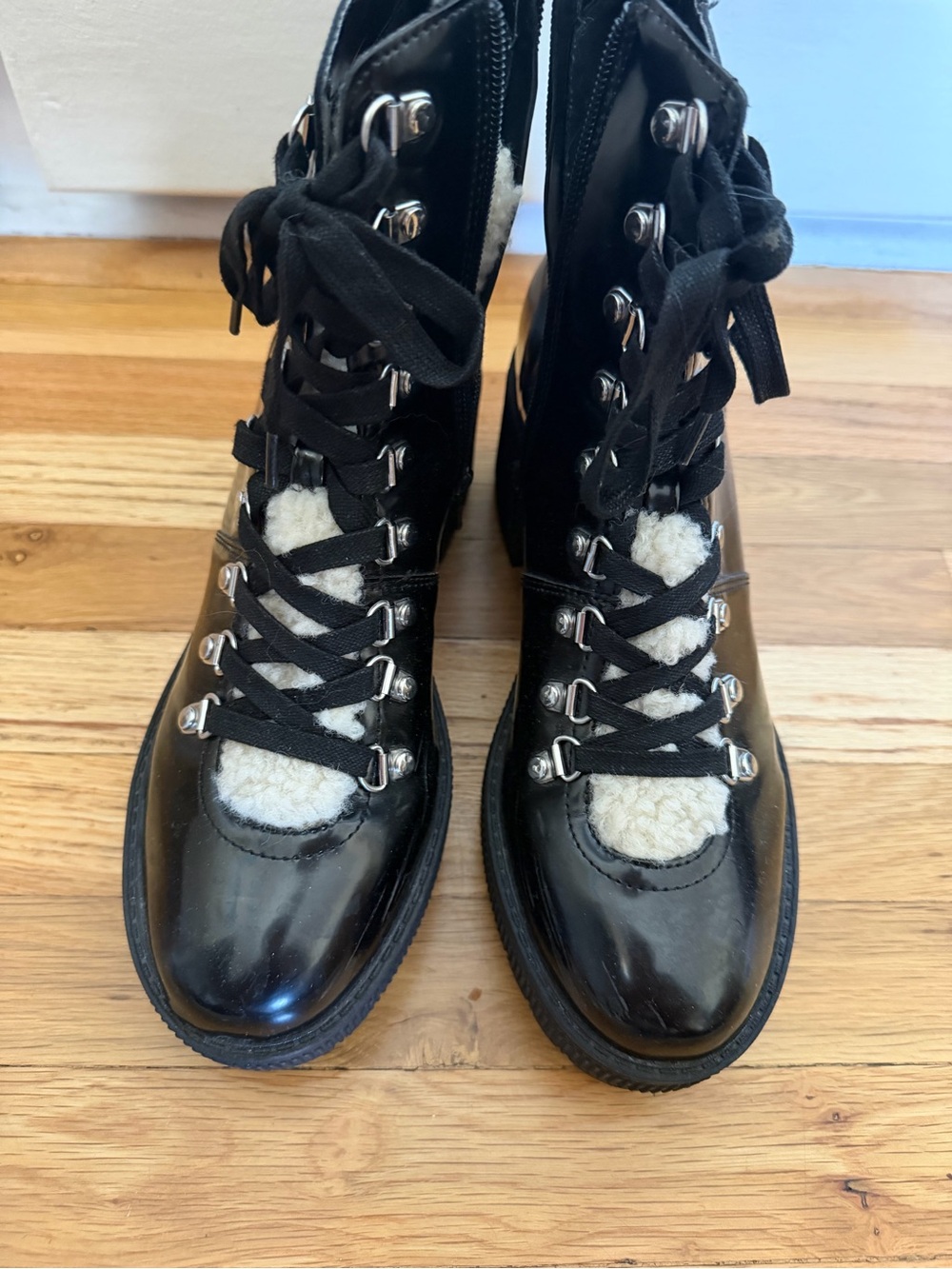 Aqua Black Lace-Up Sherpa-Trim Combat Boots